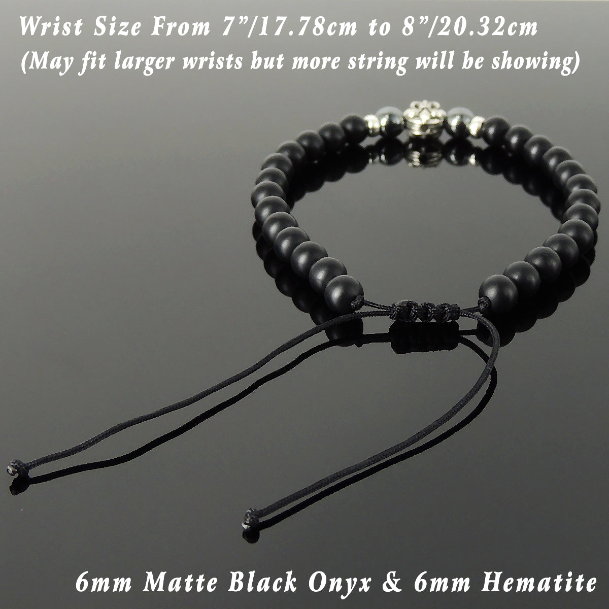 6mm Hematite & Matte Black Onyx Adjustable Braided Bracelet with S925 Sterling Silver Fleur de Lis Bead - Handmade by Gem & Silver BR1335