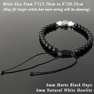 6mm White Howlite & Matte Black Onyx Adjustable Braided Bracelet with S925 Sterling Silver Fleur de Lis Bead - Handmade by Gem & Silver BR1336