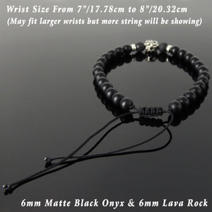 6mm Lava Rock & Matte Black Onyx Adjustable Braided Bracelet with S925 Sterling Silver Fleur de Lis Bead - Handmade by Gem & Silver BR1337