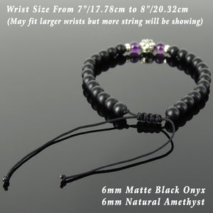 6mm Amethyst & Matte Black Onyx Adjustable Braided Bracelet with S925 Sterling Silver Fleur de Lis Bead - Handmade by Gem & Silver BR1339