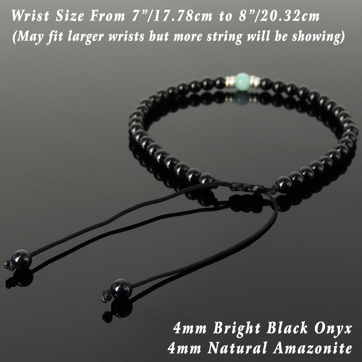 Amazonite & Bright Black Onyx Adjustable Braided Bracelet with S925 Sterling Silver Spacers - Handmade by Gem & Silver BR1340