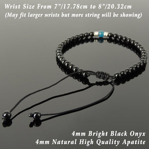 Apatite & Bright Black Onyx Adjustable Braided Bracelet with S925 Sterling Silver Spacers - Handmade by Gem & Silver BR1341