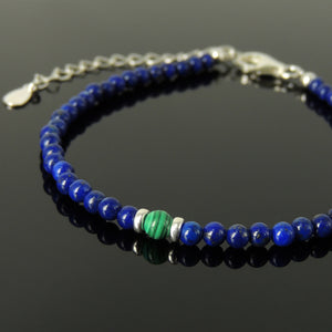 Malachite & Lapis Lazuli Healing Gemstone Bracelet with S925 Sterling Silver Beads, Chain, & Clasp - Handmade by Gem & Silver BR1342