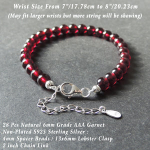 Handmade Elegant Grade AAA Garnet Gemstone Bracelet - Men's Women's Heart Chakra Healing, 6mm Beads with S925 Sterling Silver, Chain, Clasp BR1349