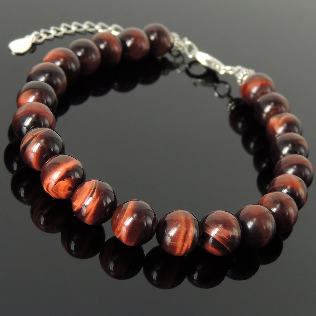 8mm Red Tiger Eye Healing Gemstone Bracelet with S925 Sterling Silver Beads, Chain, & Clasp - Handmade by Gem & Silver BR1351