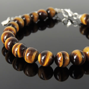 8mm Brown Tiger Eye Healing Gemstone Bracelet with S925 Sterling Silver Beads, Chain, & Clasp - Handmade by Gem & Silver BR1352