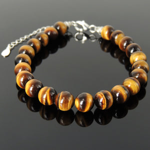 8mm Brown Tiger Eye Healing Gemstone Bracelet with S925 Sterling Silver Beads, Chain, & Clasp - Handmade by Gem & Silver BR1352