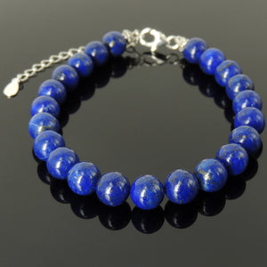 8mm Lapis Lazuli Healing Gemstone Bracelet with S925 Sterling Silver Beads, Chain, & Clasp - Handmade by Gem & Silver BR1354