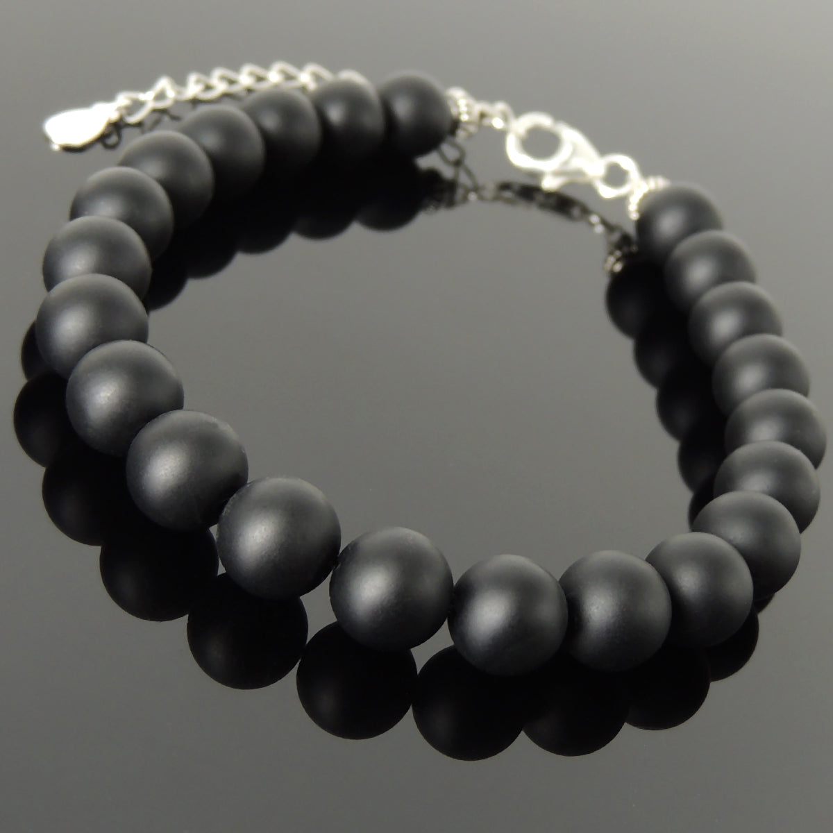 8mm Matte Black Onyx Healing Gemstone Bracelet with S925 Sterling Silver Beads, Chain, & Clasp - Handmade by Gem & Silver BR1355