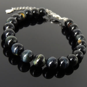 8mm Brown Blue Tiger Eye Healing Gemstone Bracelet with S925 Sterling Silver Beads, Chain, & Clasp - Handmade by Gem & Silver BR1356