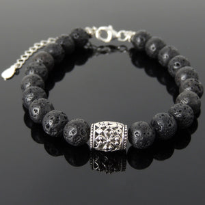 8mm Lava Rock Healing Stone Bracelet with S925 Sterling Silver Prayer Barrel Bead, Chain, & Clasp - Handmade by Gem & Silver BR1357