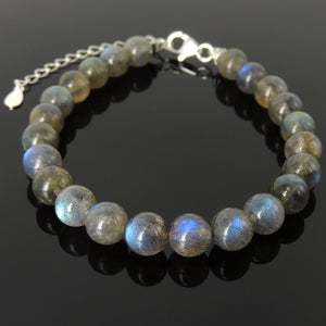 8mm Multicolor Labradorite Healing Gemstone Bracelet with S925 Sterling Silver Beads, Chain, & Clasp - Handmade by Gem & Silver BR1359
