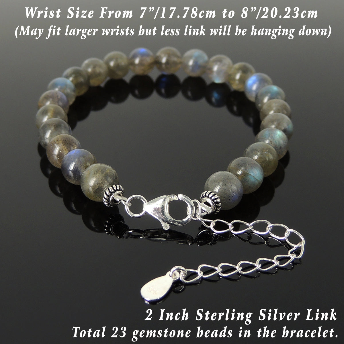 8mm Multicolor Labradorite Healing Gemstone Bracelet with S925 Sterling Silver Beads, Chain, & Clasp - Handmade by Gem & Silver BR1359