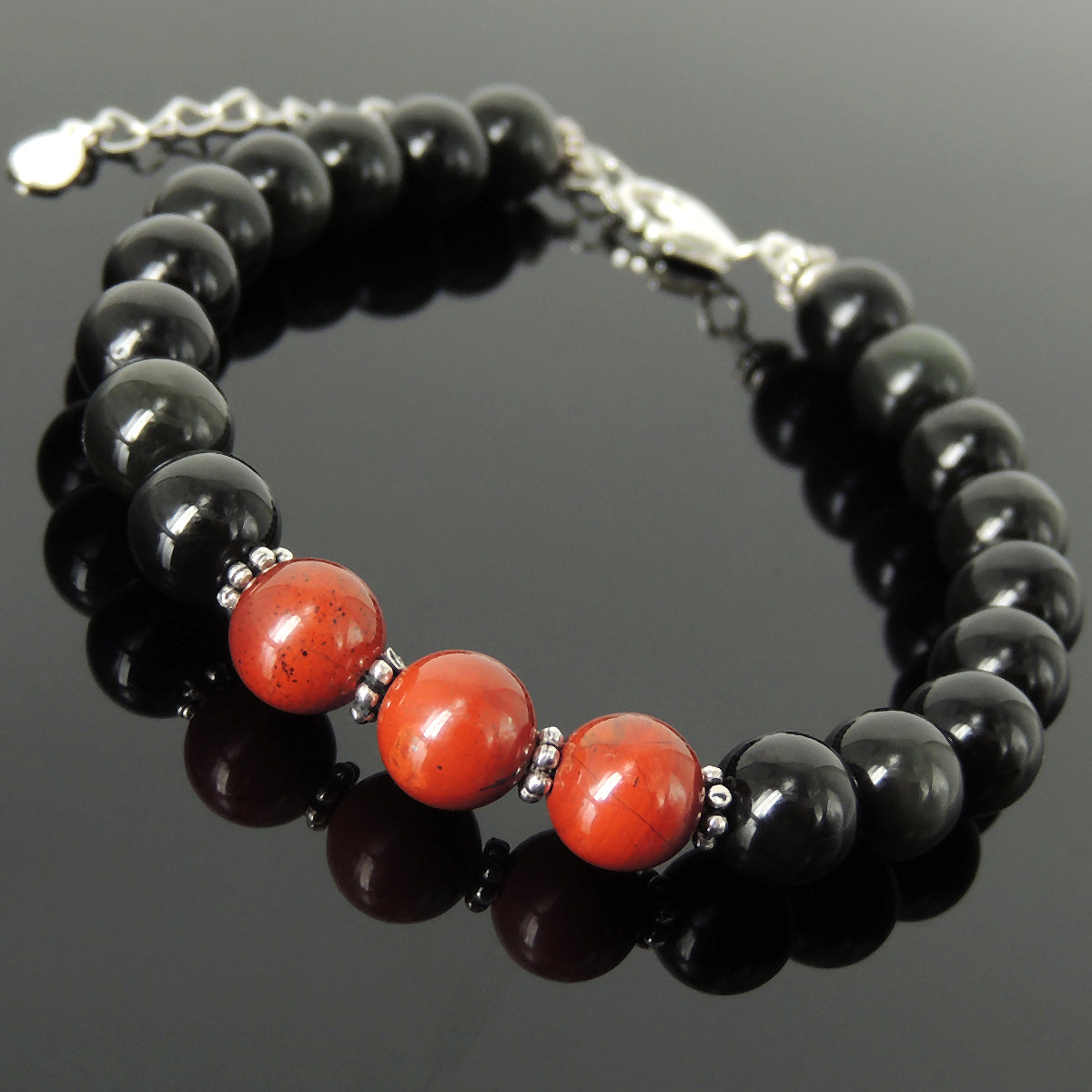 8mm Red Jasper & Rainbow Black Obsidian Healing Stone Bracelet with S925 Sterling Silver Flower Spacer Beads, Chain, & Clasp - Handmade by Gem & Silver BR1360