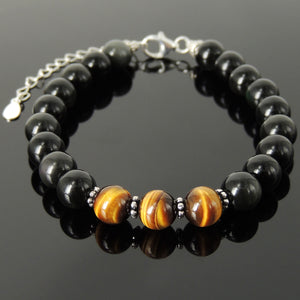 8mm Brown Tiger Eye & Rainbow Black Obsidian Healing Gemstone Bracelet with S925 Sterling Silver Flower Spacer Beads, Chain, & Clasp - Handmade by Gem & Silver BR1361