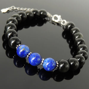 8mm Lapis Lazuli & Rainbow Black Obsidian Healing Stone Bracelet with S925 Sterling Silver Prayer Spacer Beads, Chain, & Clasp - Handmade by Gem & Silver BR1362