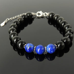 8mm Lapis Lazuli & Rainbow Black Obsidian Healing Stone Bracelet with S925 Sterling Silver Prayer Spacer Beads, Chain, & Clasp - Handmade by Gem & Silver BR1362