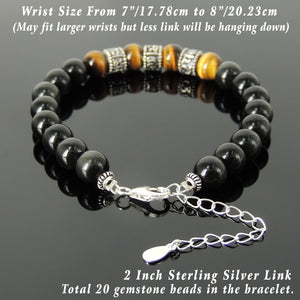 8mm Grade 3A Brown Tiger Eye & Rainbow Black Obsidian Healing Stone Bracelet with S925 Sterling Silver Om Mantra Buddhism Beads, Chain, & Clasp - Handmade by Gem & Silver BR1364