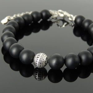8mm Matte Black Onyx Healing Gemstone Bracelet with S925 Sterling Silver Aztec Style Bead, Chain & Clasp - Handmade by Gem & Silver BR1367