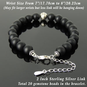 8mm Matte Black Onyx Healing Gemstone Bracelet with S925 Sterling Silver Aztec Style Bead, Chain & Clasp - Handmade by Gem & Silver BR1367