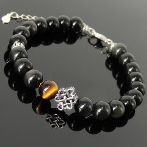 8mm Grade 3A Brown Tiger Eye & Rainbow Black Obsidian Healing Gemstone Bracelet with S925 Sterling Silver Lucky Celtic Braided Charm, Buddhism Bead, Chain & Clasp - Handmade by Gem & Silver BR1370