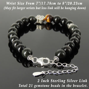 8mm Grade 3A Brown Tiger Eye & Rainbow Black Obsidian Healing Gemstone Bracelet with S925 Sterling Silver Lucky Celtic Braided Charm, Buddhism Bead, Chain & Clasp - Handmade by Gem & Silver BR1370