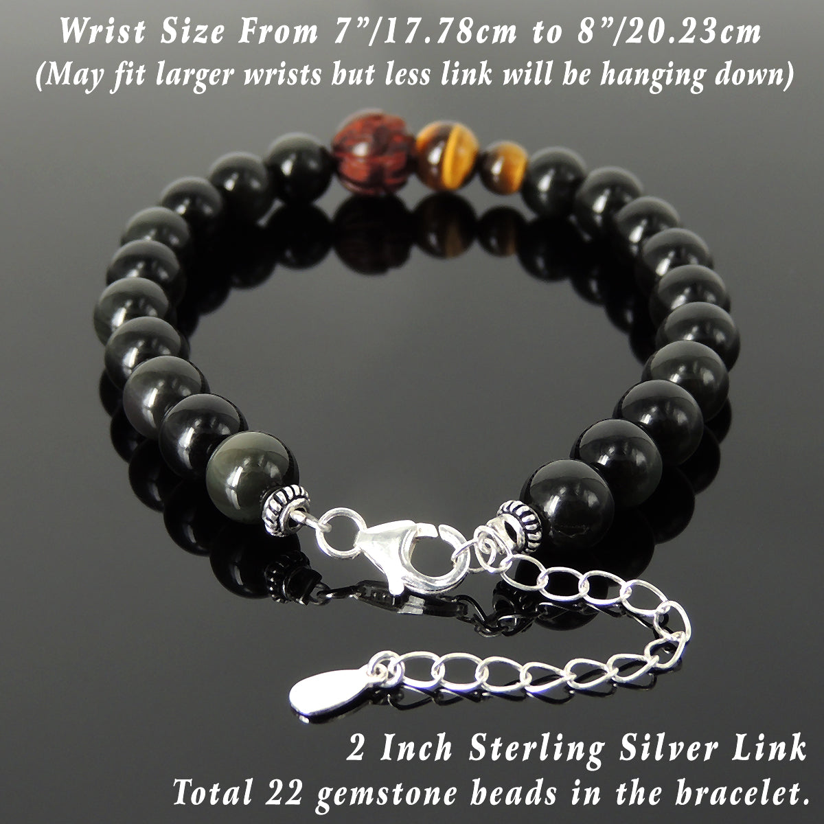 8mm Grade 3A Brown Tiger Eye & Rainbow Black Obsidian Healing Gemstone Bracelet with Natural India Rosewood Lotus, S925 Sterling Silver Chain & Clasp - Handmade by Gem & Silver BR1371