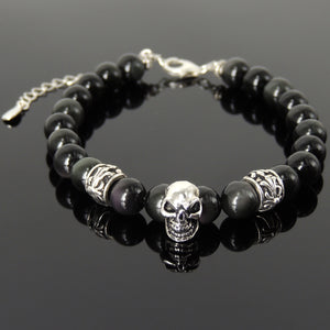 8mm Rainbow Black Obsidian Healing Gemstone Bracelet with S925 Sterling Silver Gothic Skull & Cross Charms Chain & Clasp - Handmade by Gem & Silver BR1373