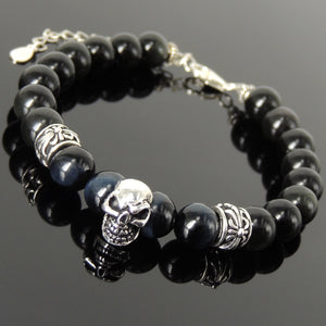 8mm Blue Tiger Eye & Rainbow Black Obsidian Healing Gemstone Bracelet with S925 Sterling Silver Gothic Skull & Cross Charms Chain & Clasp - Handmade by Gem & Silver BR1374