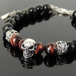 8mm Red Tiger Eye & Rainbow Black Obsidian Healing Gemstone Bracelet with S925 Sterling Silver Gothic Skull & Cross Charms Chain & Clasp - Handmade by Gem & Silver BR1375