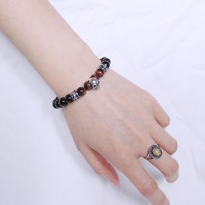 8mm Red Tiger Eye & Rainbow Black Obsidian Healing Gemstone Bracelet with S925 Sterling Silver Gothic Skull & Cross Charms Chain & Clasp - Handmade by Gem & Silver BR1375