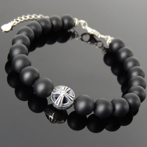 8mm Matte Black Onyx Gemstone Bracelet with S925 Sterling Silver Round Celtic Engraved Cross Bead, Chain & Clasp - Handmade by Gem & Silver BR1376