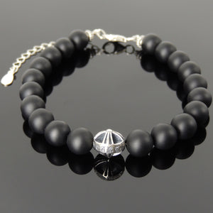 8mm Matte Black Onyx Gemstone Bracelet with S925 Sterling Silver Round Celtic Engraved Cross Bead, Chain & Clasp - Handmade by Gem & Silver BR1376