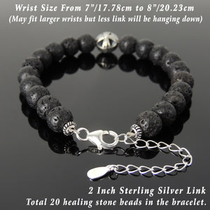 8mm Lava Rock Stone Bracelet with S925 Sterling Silver Round Celtic Engraved Cross Bead, Chain & Clasp - Handmade by Gem & Silver BR1377