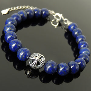 8mm Lapis Lazuli Gemstone Bracelet with S925 Sterling Silver Round Celtic Engraved Cross Bead, Chain & Clasp - Handmade by Gem & Silver BR1378