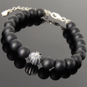 8mm Matte Black Onyx Healing Gemstone Bracelet with S925 Sterling Silver Round Gothic Cross Bead, Chain & Clasp - Handmade by Gem & Silver BR1379
