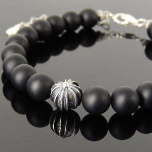 8mm Matte Black Onyx Healing Gemstone Bracelet with S925 Sterling Silver Round Gothic Cross Bead, Chain & Clasp - Handmade by Gem & Silver BR1379