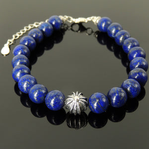 8mm Lapis Lazuli Gemstone Bracelet with S925 Sterling Silver Round Gothic Cross Bead, Chain & Clasp - Handmade by Gem & Silver BR1381