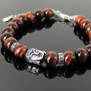 8mm Red Tiger Eye Healing Stone Bracelet with S925 Sterling Silver Guanyin Buddha, Buddhism Beads, Chain, & Clasp - Handmade by Gem & Silver BR1384
