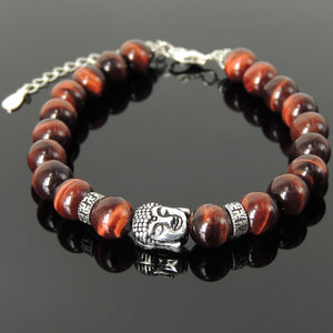 8mm Red Tiger Eye Healing Stone Bracelet with S925 Sterling Silver Guanyin Buddha, Buddhism Beads, Chain, & Clasp - Handmade by Gem & Silver BR1384