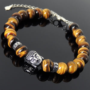 8mm Grade 3A Brown Tiger Eye Healing Stone Bracelet with S925 Sterling Silver Guanyin Buddha, Buddhism Beads, Chain, & Clasp - Handmade by Gem & Silver BR1385