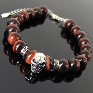 8mm Red Tiger Eye Healing Gemstone Bracelet with S925 Sterling Silver Gothic Protection Skull, Chain, & Clasp - Handmade by Gem & Silver BR1386
