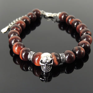 8mm Red Tiger Eye Healing Gemstone Bracelet with S925 Sterling Silver Gothic Protection Skull, Chain, & Clasp - Handmade by Gem & Silver BR1386