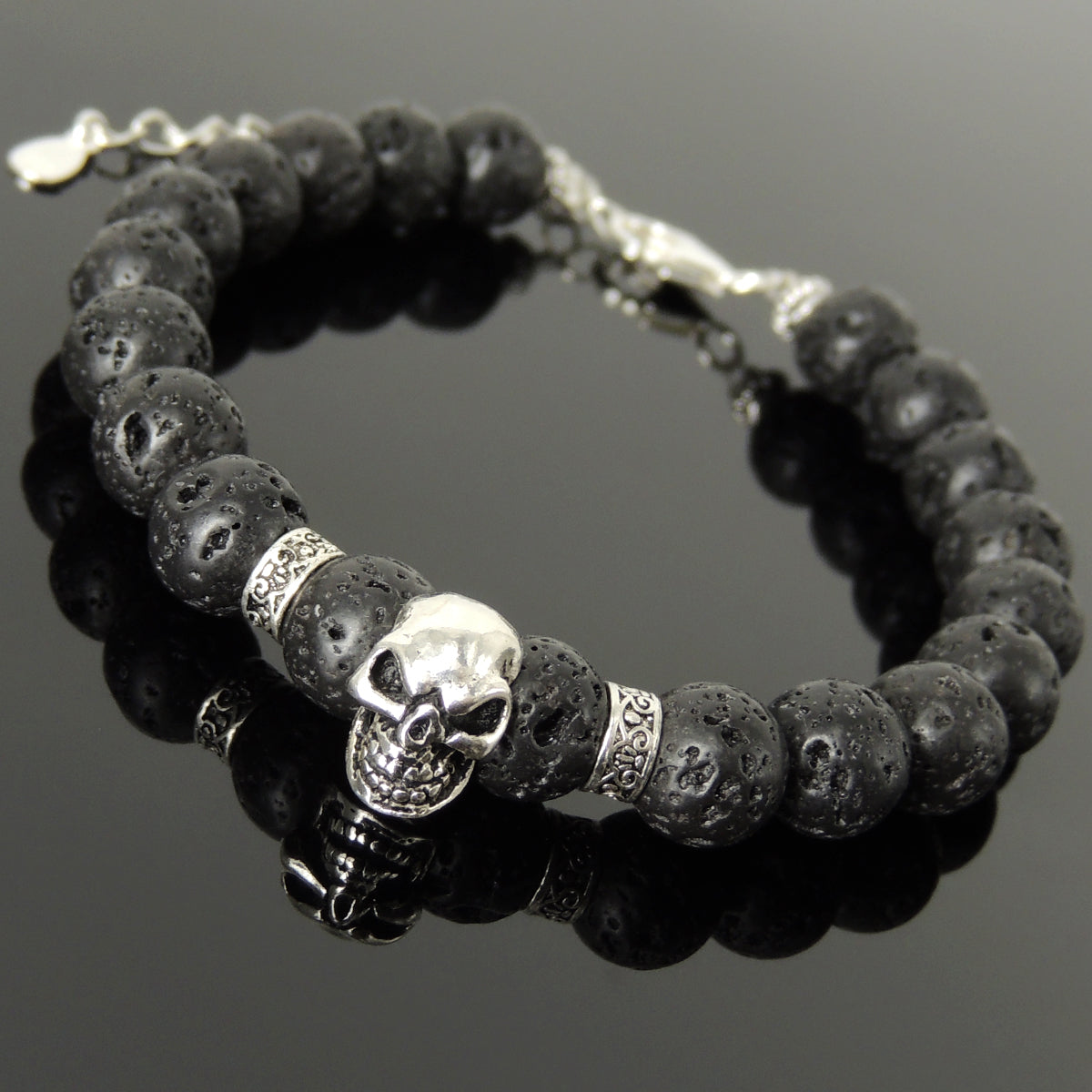 8mm Lava Rock Healing Stone Bracelet with S925 Sterling Silver Gothic Protection Skull, Chain, & Clasp - Handmade by Gem & Silver BR1387