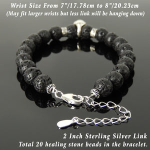 8mm Lava Rock Healing Stone Bracelet with S925 Sterling Silver Gothic Protection Skull, Chain, & Clasp - Handmade by Gem & Silver BR1387