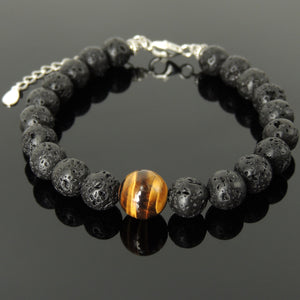 Grade 3A Brown Tiger Eye & Lava Rock Healing Stone Bracelet with S925 Sterling Silver Beads, Chain, & Clasp - Handmade by Gem & Silver BR1388
