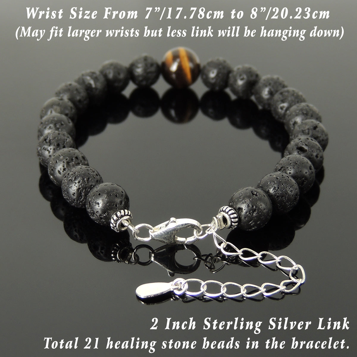 Grade 3A Brown Tiger Eye & Lava Rock Healing Stone Bracelet with S925 Sterling Silver Beads, Chain, & Clasp - Handmade by Gem & Silver BR1388