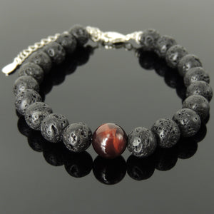 Red Tiger Eye & Lava Rock Healing Stone Bracelet with S925 Sterling Silver Beads, Chain, & Clasp - Handmade by Gem & Silver BR1389