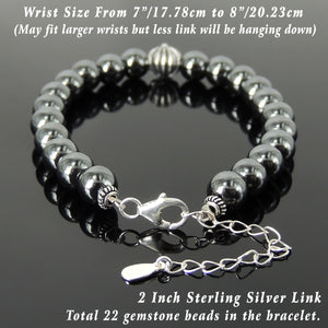 8mm Hematite Stone Bracelet with S925 Sterling Silver Round Gothic Cross Bead, Chain & Clasp - Handmade by Gem & Silver BR1390