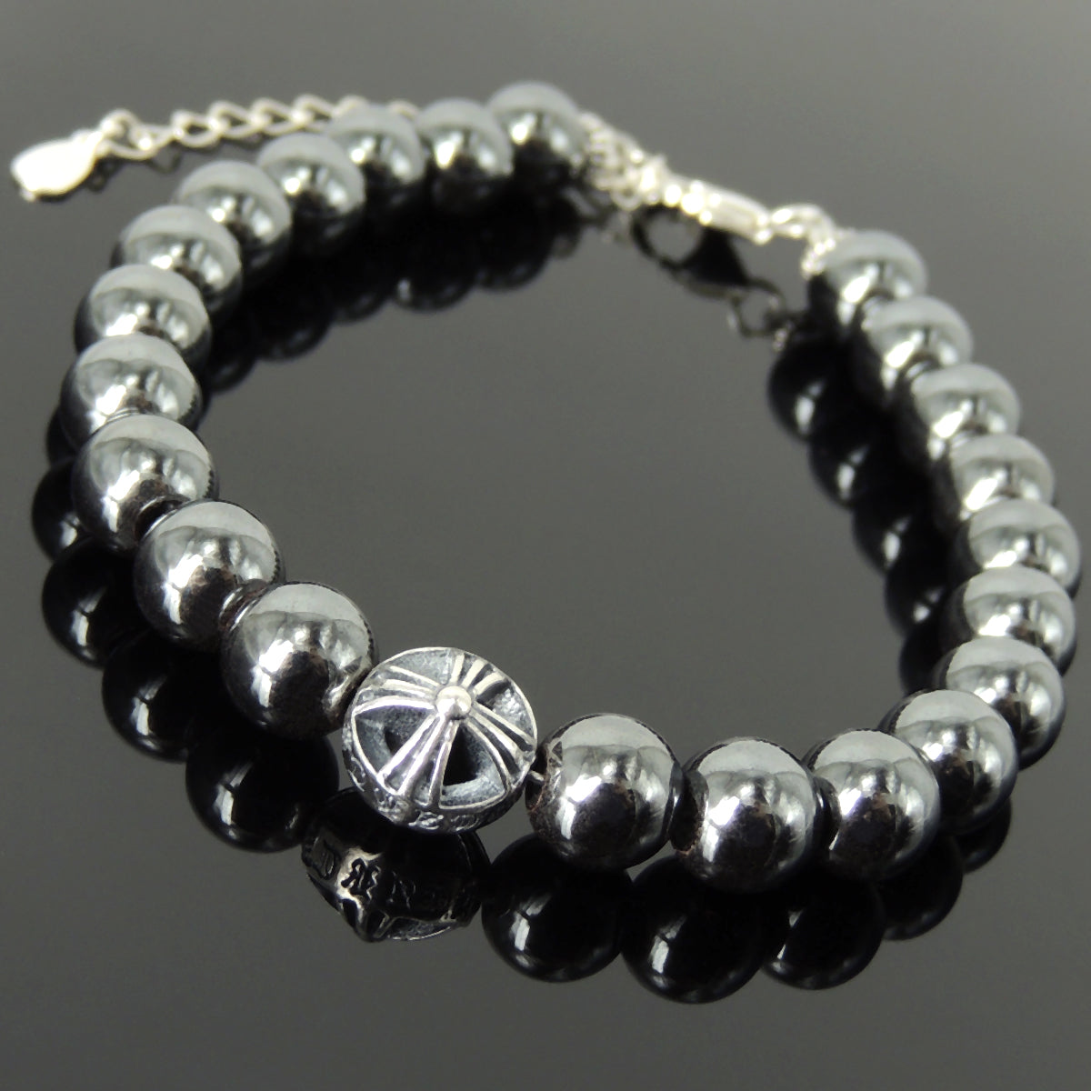 8mm Hematite Stone Bracelet with S925 Sterling Silver Round Celtic Engraved Cross Bead, Chain & Clasp - Handmade by Gem & Silver BR1391